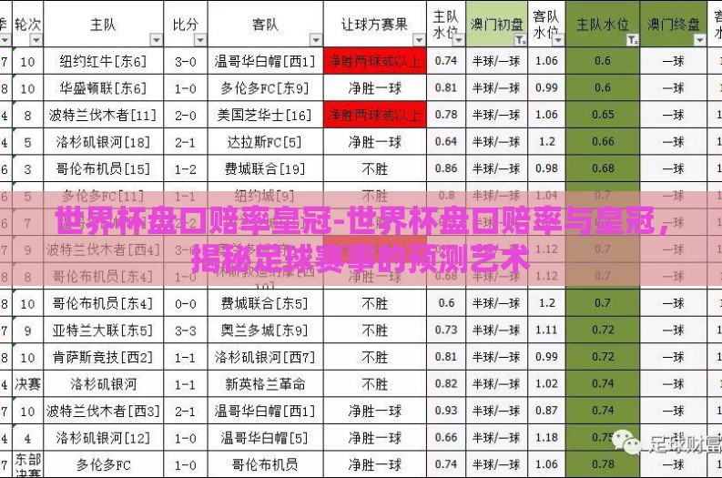 世界杯盘口赔率皇冠-世界杯盘口赔率与皇冠，揭秘足球赛事的预测艺术